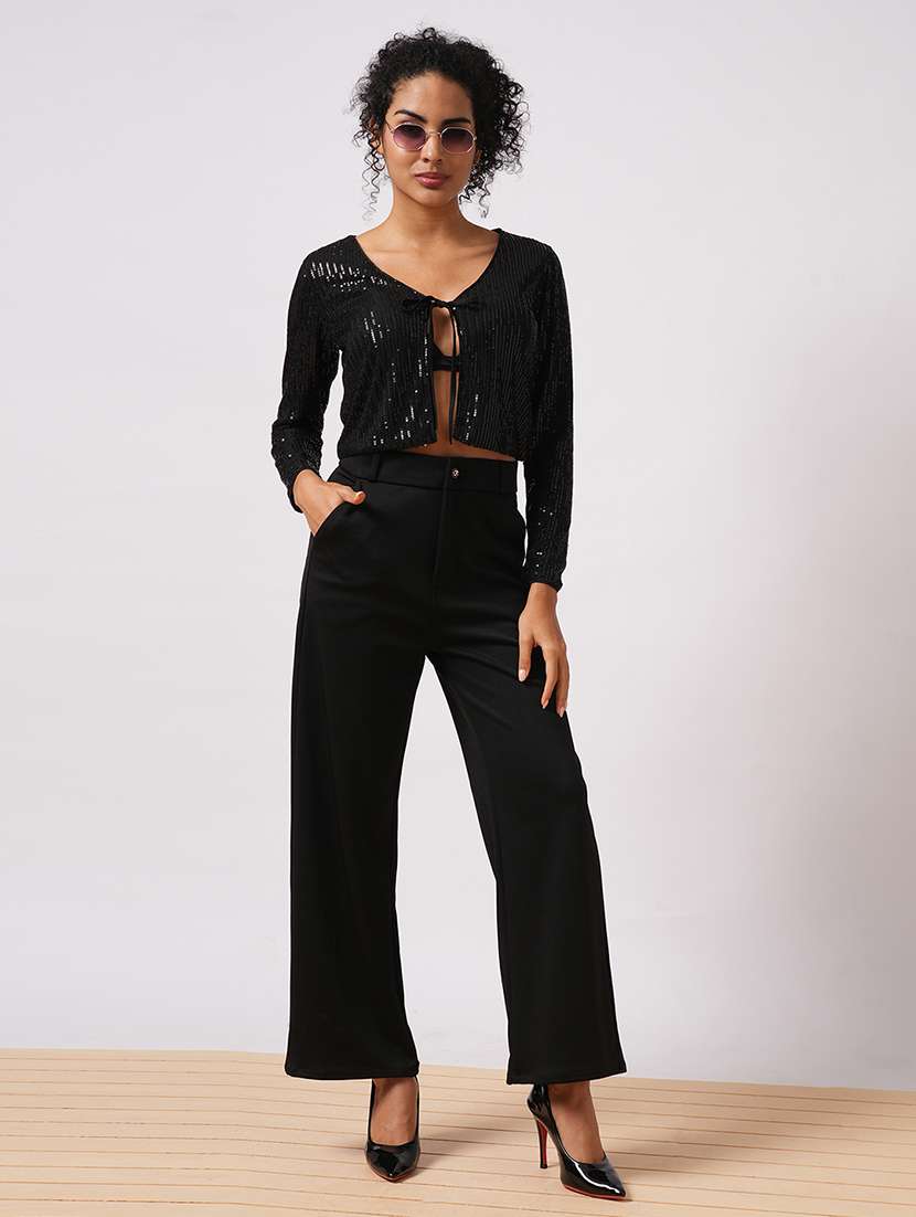 globus women black embellished tie-up neck long-sleeves cropped party shrug