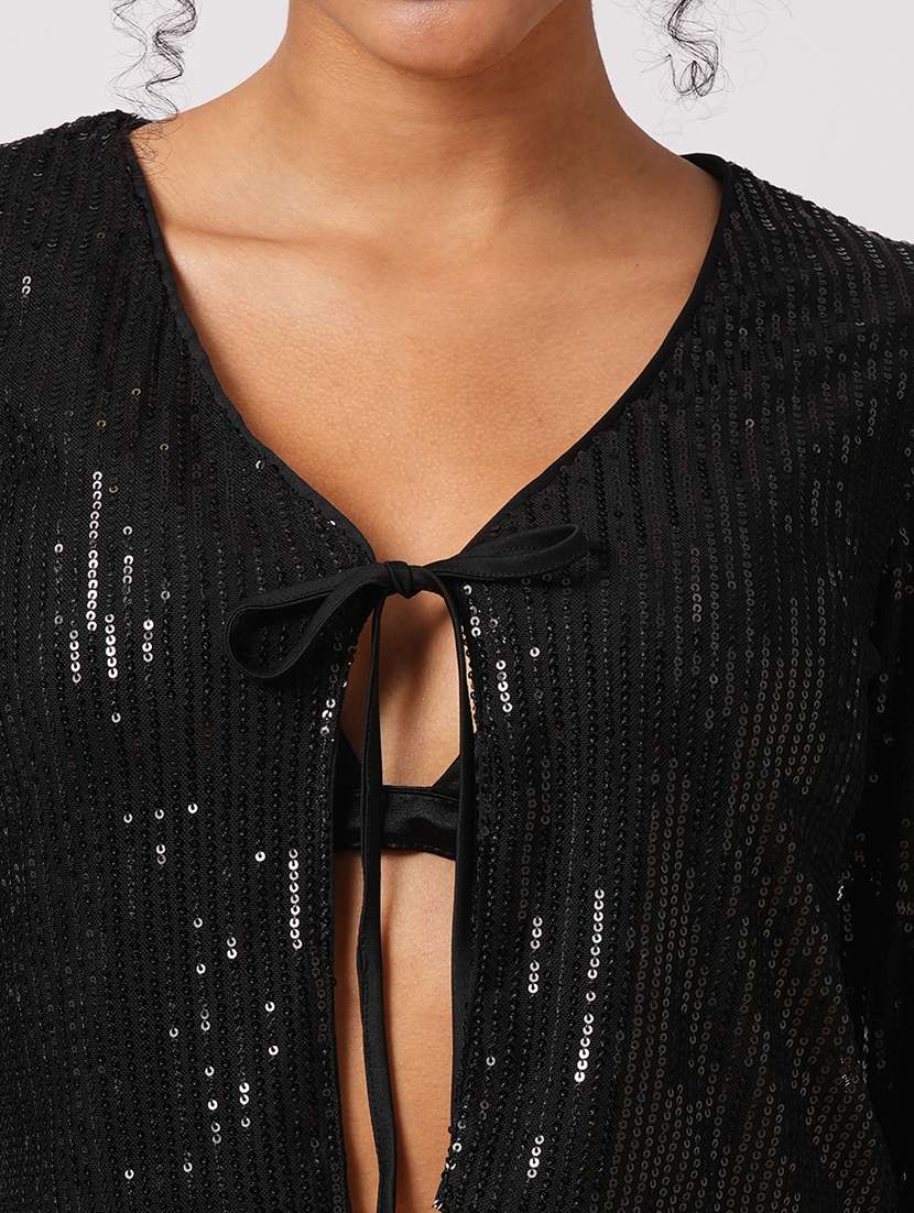 globus women black embellished tie-up neck long-sleeves cropped party shrug - 21579869 - Standard Image - 4