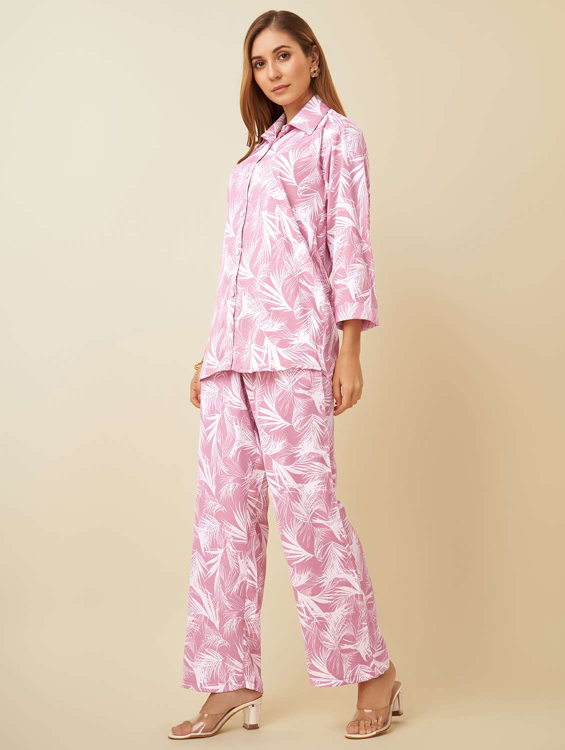 women printed collared shirt & trouser co-ord set - 21579873 -  Standard Image - 1