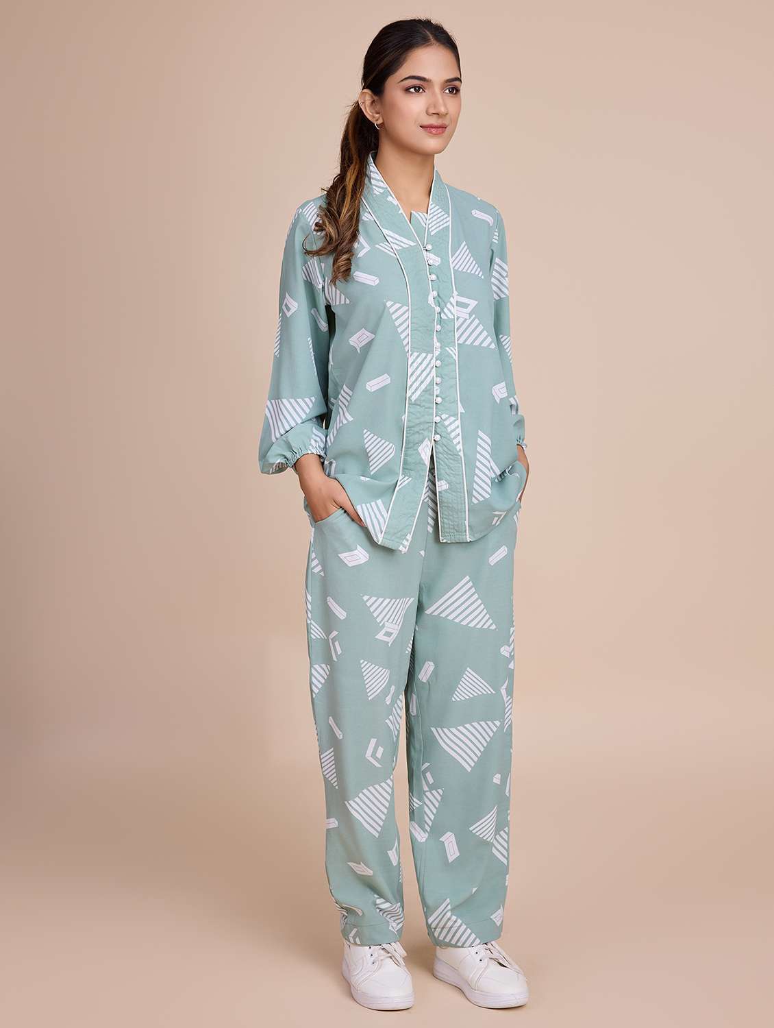 women printed long sleeves top & trouser co-ord set - 21579883 - Standard Image - 1