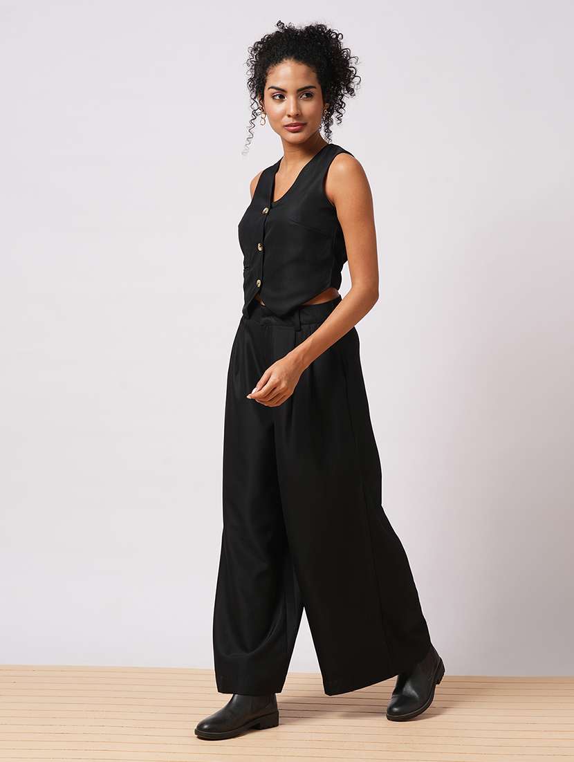 globus women black v-neck front pocket detail vest with pleated wide leg trousers workwear co-ord set