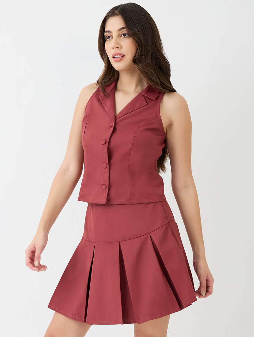 globus women notch lapel solid vest & pleated tennis skirt co-ord set - 21579905 -  Standard Image - 1