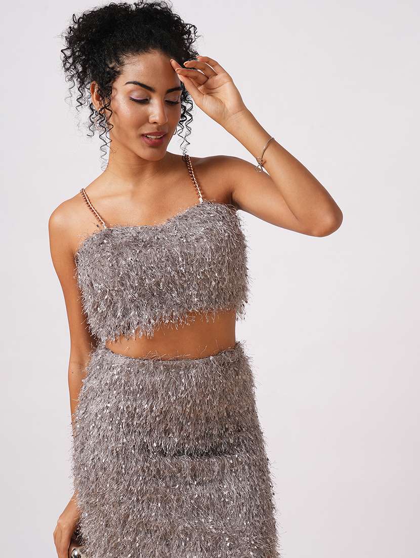 globus women grey sweetheart neck chain strap shoulder faux fur crop top with mini skirt party co-ord set - 21579907 -  Standard Image - 1