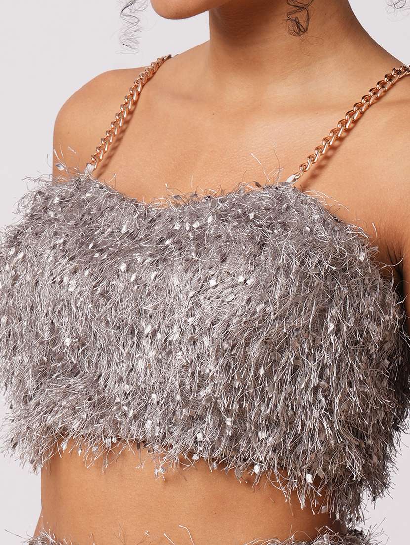 globus women grey sweetheart neck chain strap shoulder faux fur crop top with mini skirt party co-ord set - 21579907 -  Standard Image - 4