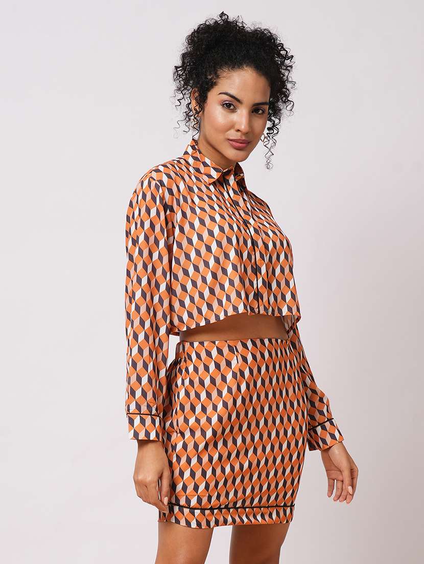 globus women yellow abstract print cuffed sleeves crop shirt with high-rise mini skirt workwear co-ord set - 21579912 - Standard Image - 1