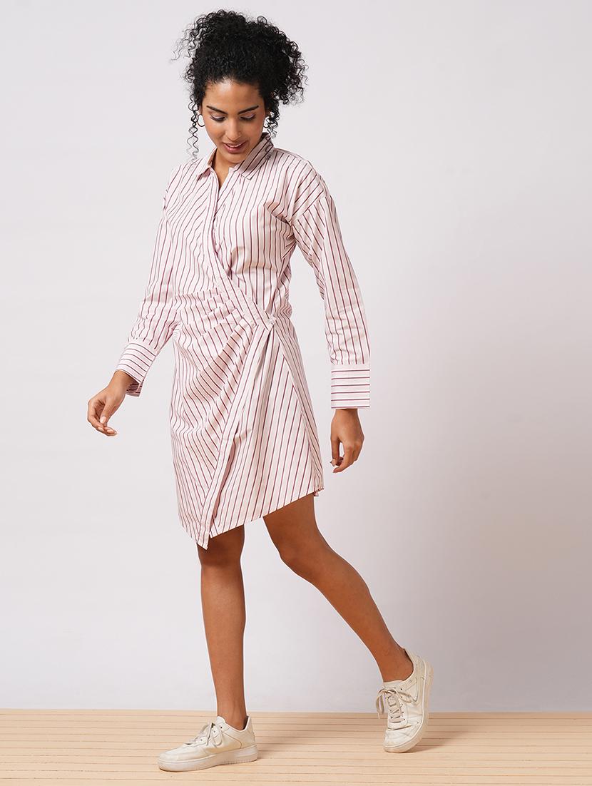 globus women pink shirt style cuffed sleeve pin striped workwear wrap dress - 21579928 - Standard Image - 1
