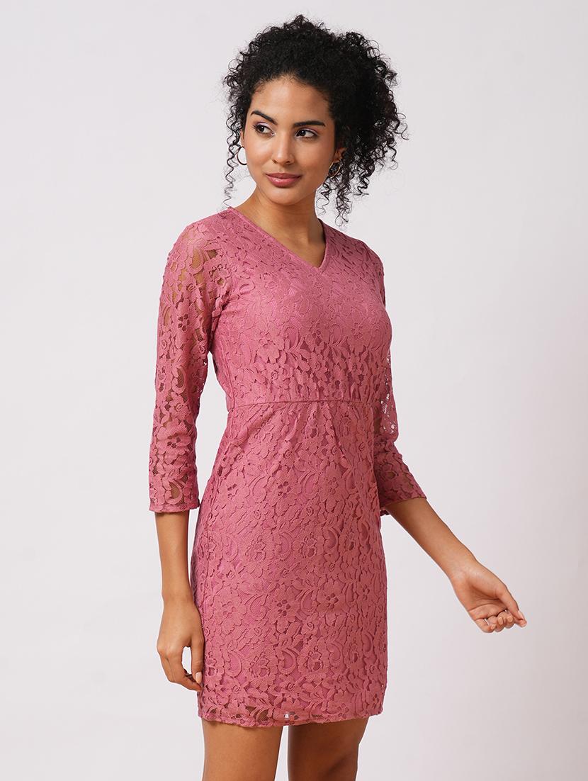 globus women pink v-neck floral lace sheath mini party dress - 21579929 - Standard Image - 1
