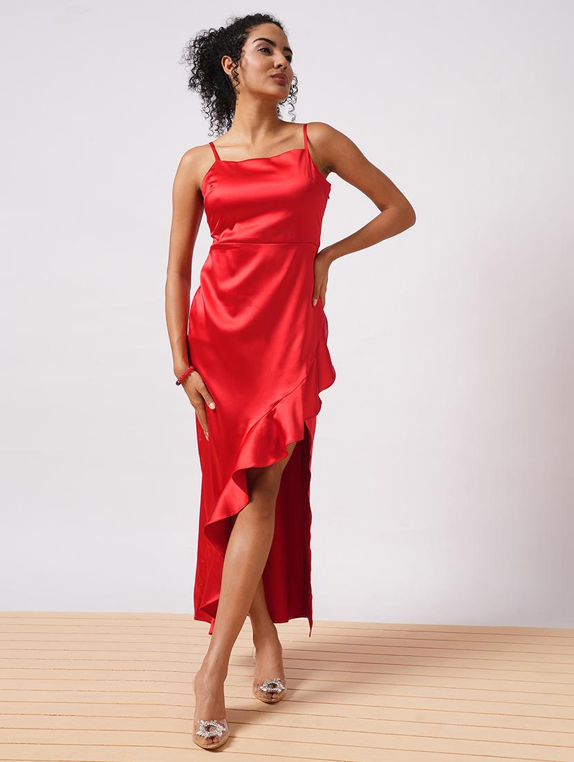 globus women red square neck strappy shoulder solid high-low hem ruffles detail satin maxi bodycon party dress - 21579931 -  Zoom Image - 0