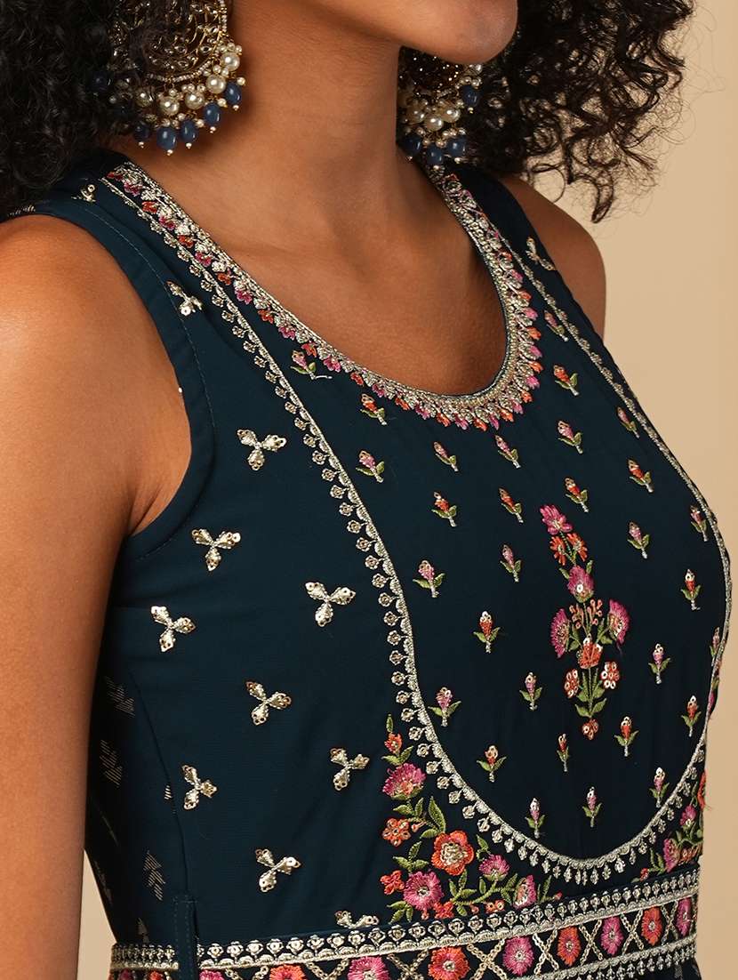 globus women blue zari embroidered yoke allover ethnic motifs foil print pleated fusion jumpsuit with belt - 21579934 -  Standard Image - 4