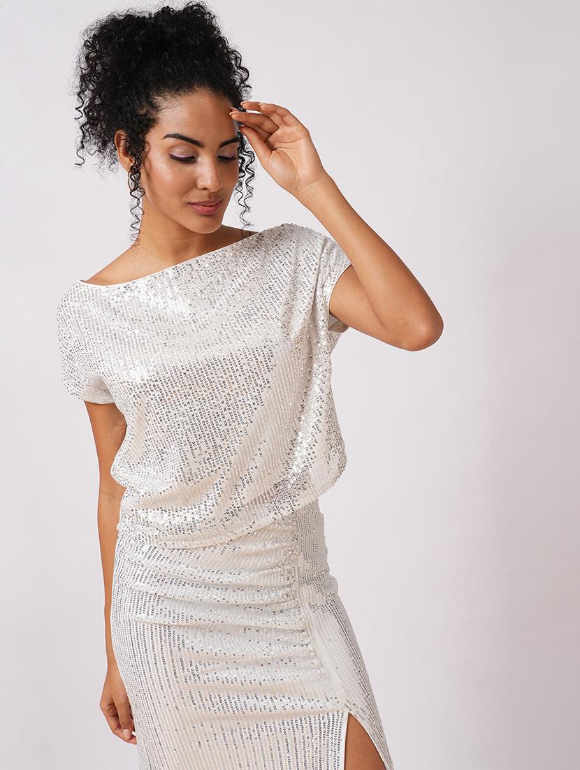 globus women silver one shoulder extended sleeves embellished party top - 21579936 - Standard Image - 1