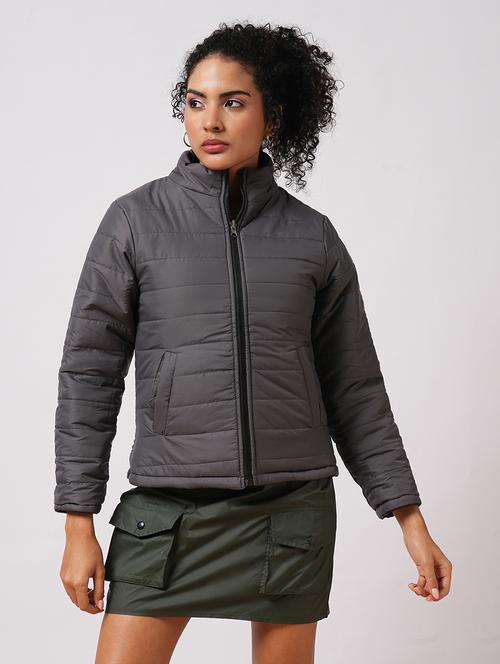 globus women black mock neck front zip closure reversible winter wear puffer jacket with detachable hoodie - 21579938 - Standard Image - 0