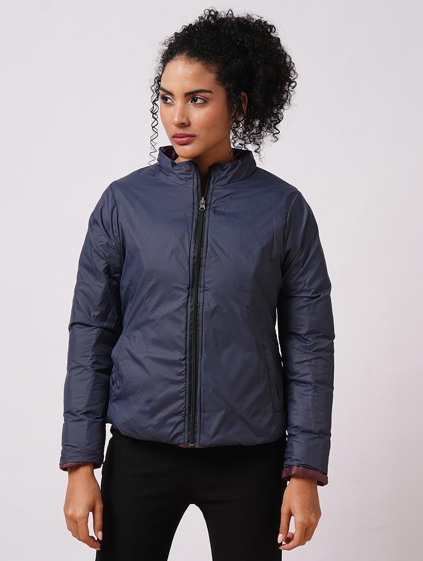 globus women burgundy mock neck long sleeves zip closure reversible winter wear puffer jacket - 21579940 -  Standard Image - 1