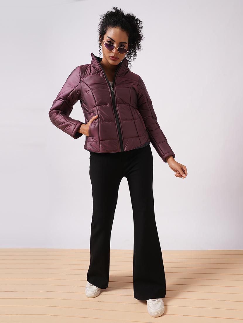 globus women burgundy mock neck long sleeves zip closure reversible winter wear puffer jacket - 21579940 - Standard Image - 4
