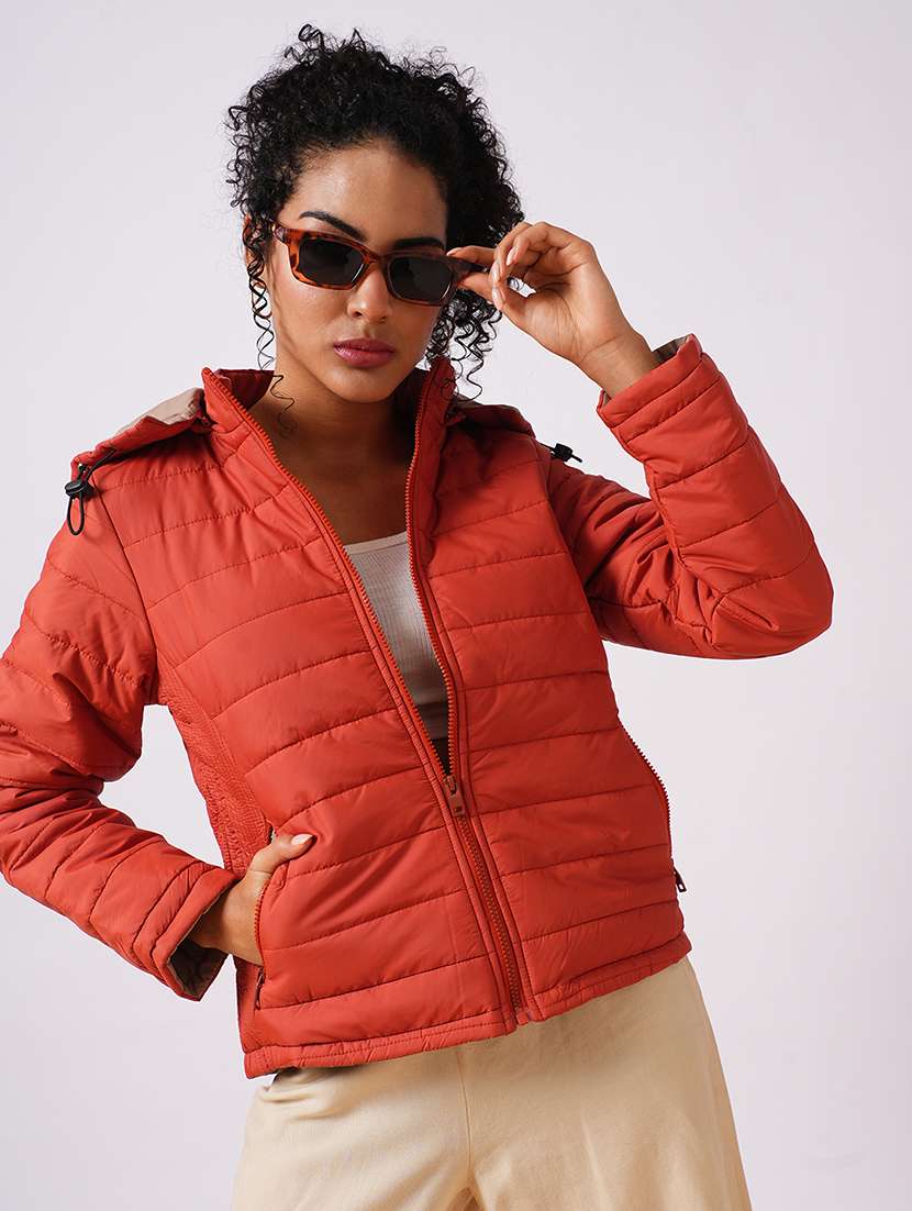globus women rust mock neck with attached hoodie zip closure reversible winter wear puffer jacket - 21579943 -  Standard Image - 1