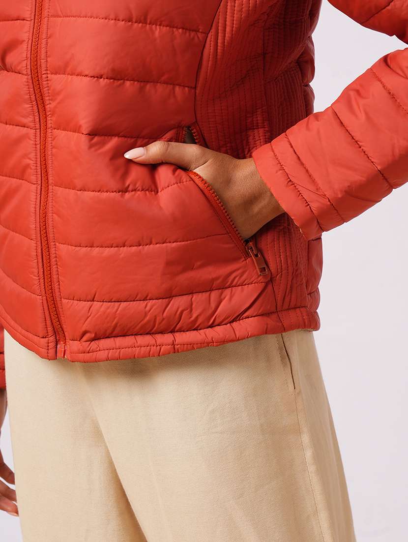 globus women rust mock neck with attached hoodie zip closure reversible winter wear puffer jacket - 21579943 -  Standard Image - 4