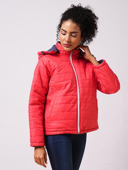globus women red mock neck with attached hoodie zip closure reversible winter wear puffer jacket - 21579948 -  Standard Image - 0