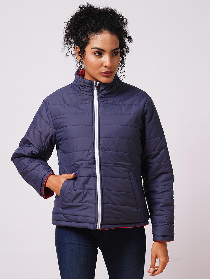 globus women red mock neck with attached hoodie zip closure reversible winter wear puffer jacket - 21579948 -  Standard Image - 1