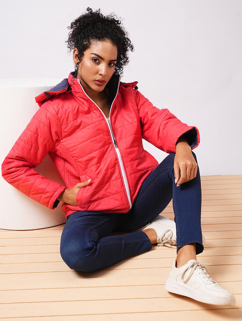 globus women red mock neck with attached hoodie zip closure reversible winter wear puffer jacket - 21579948 - Standard Image - 4