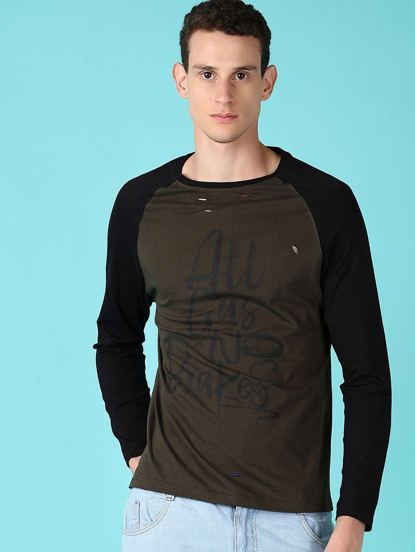 men olive color block long sleeve t t-shirt - 21580096 -  Standard Image - 1