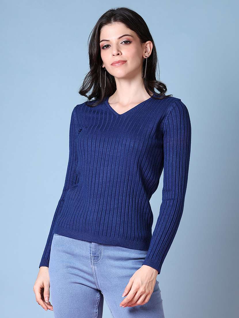 women navy blue solid long sleeve pullover - 21580305 -  Standard Image - 1