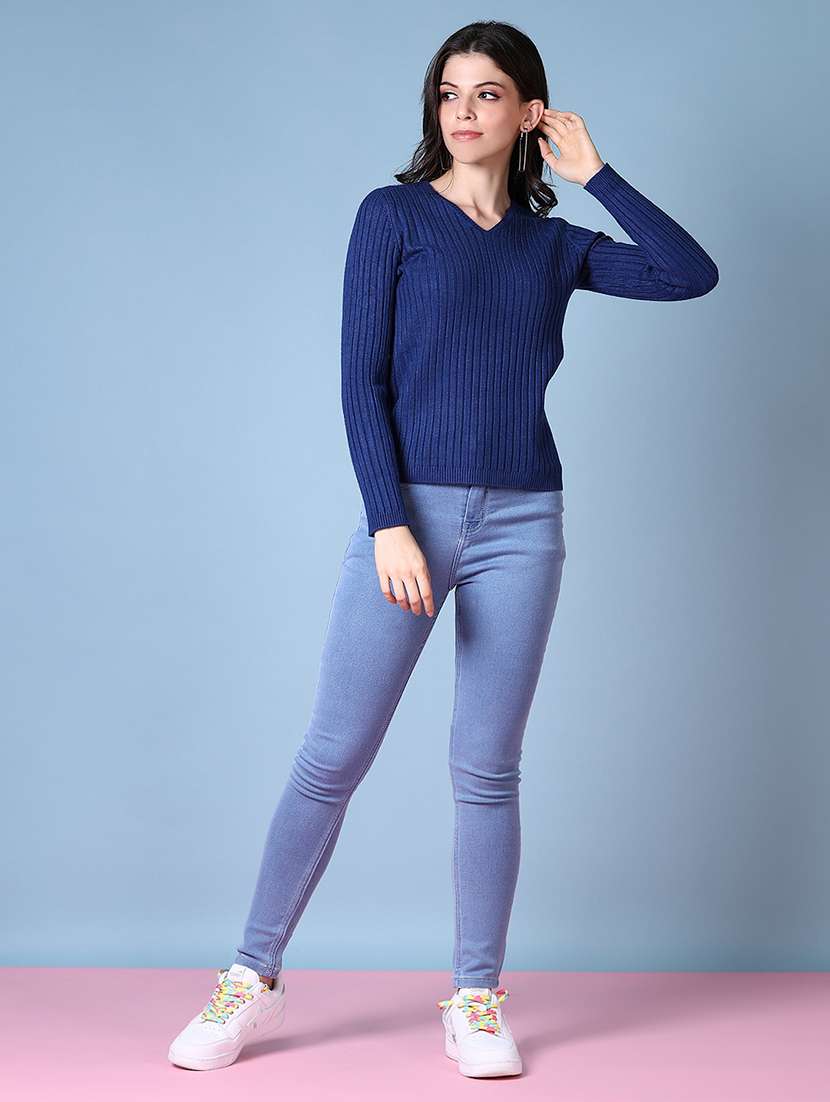 women navy blue solid long sleeve pullover - 21580305 -  Standard Image - 4