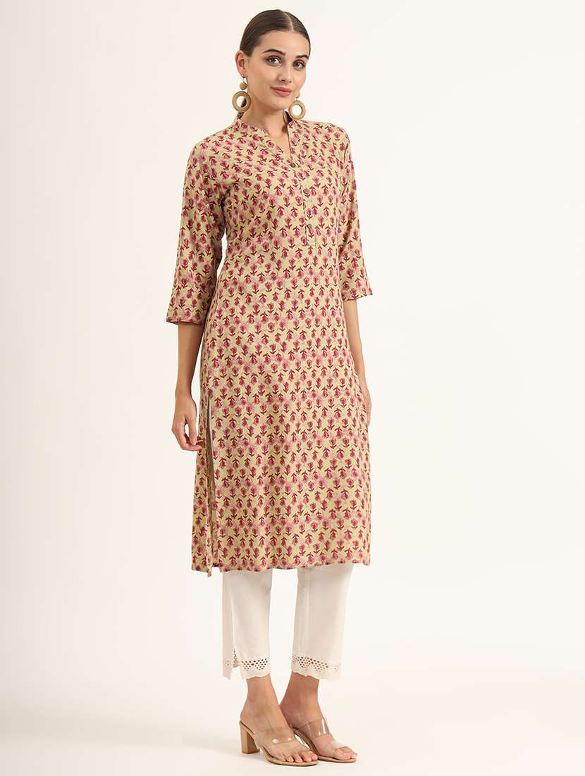 women floral three quarter sleeve straight kurta - 21580806 -  Standard Image - 1