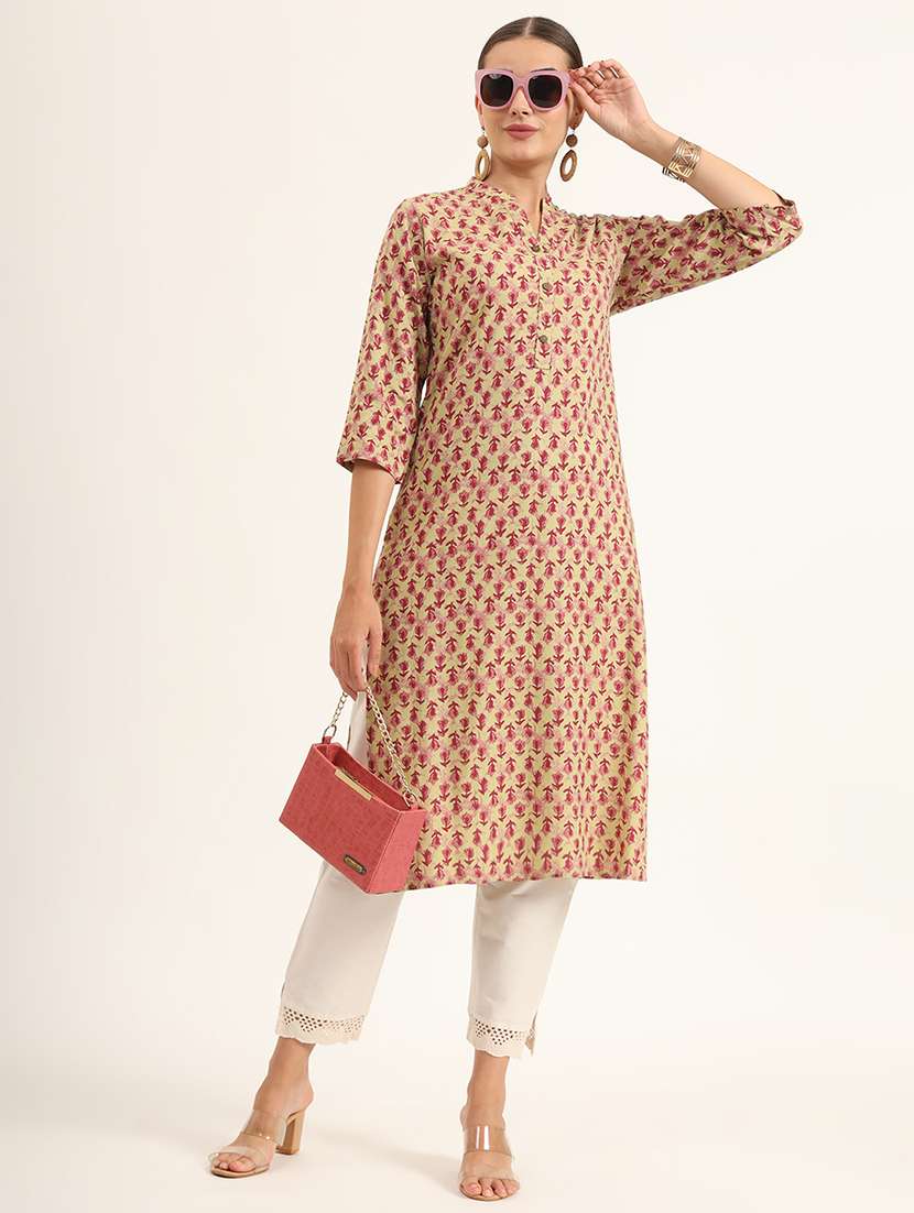 women floral three quarter sleeve straight kurta - 21580806 -  Standard Image - 4