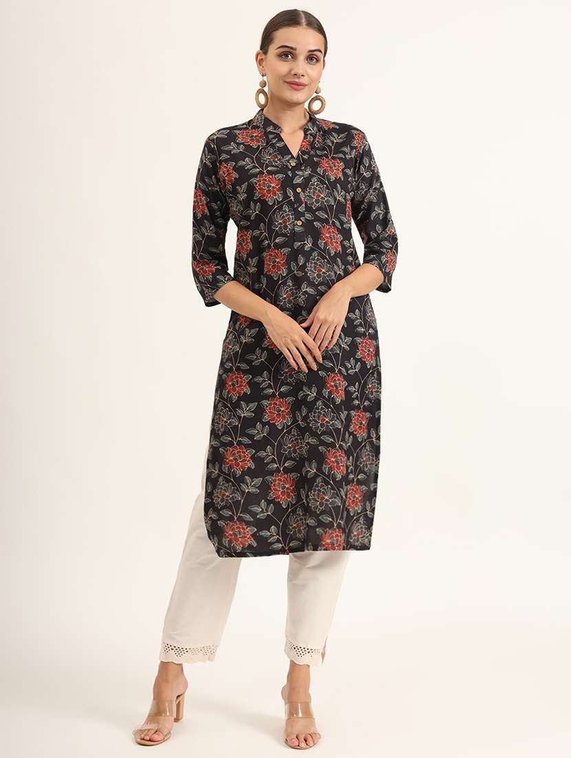women floral three quarter sleeve straight kurta