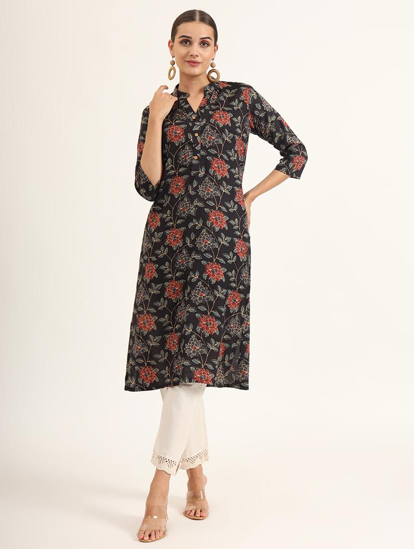 women floral three quarter sleeve straight kurta - 21580807 -  Standard Image - 1
