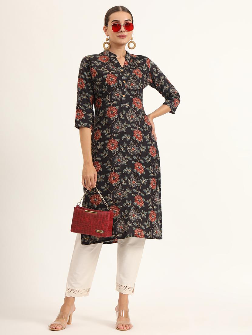 women floral three quarter sleeve straight kurta - 21580807 - Standard Image - 4