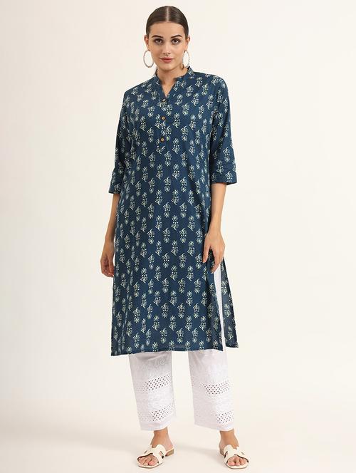 women navy blue three quarter sleeve straight kurta - 21580809 - Standard Image - 0