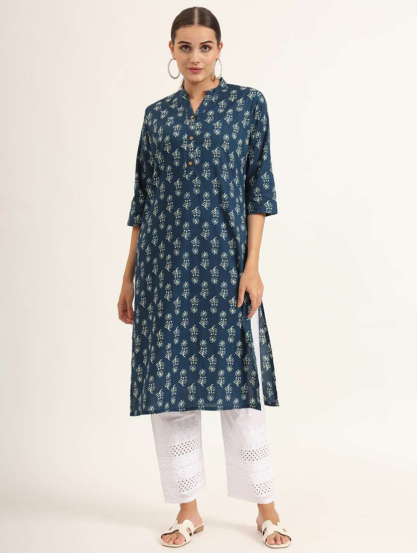 women navy blue three quarter sleeve straight kurta - 21580809 - Zoom Image - 0