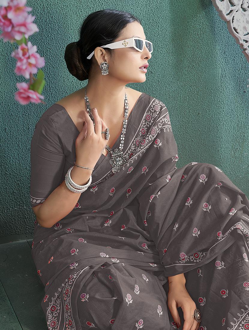 women grey floral printed saree with blouse - 21580843 -  Standard Image - 1