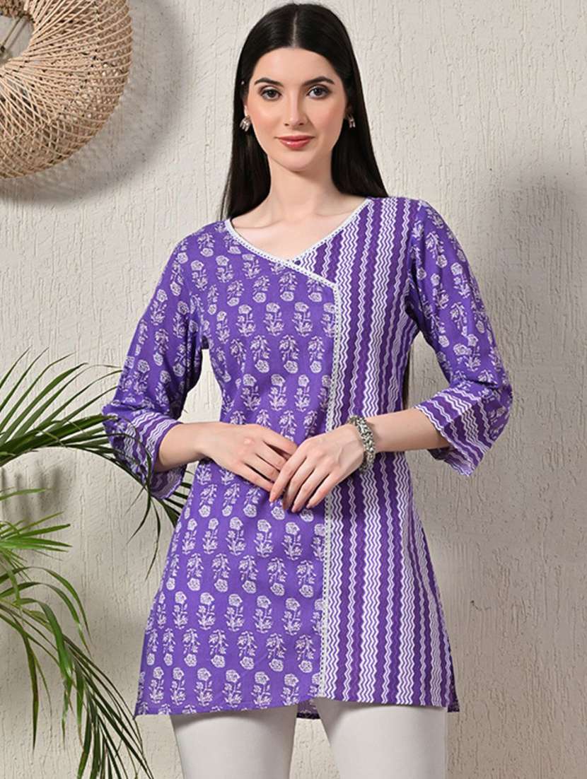 women printed angrakha short kurti