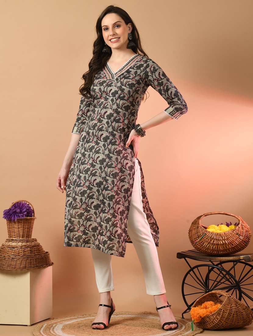 women printed three quarter sleeves straight kurta