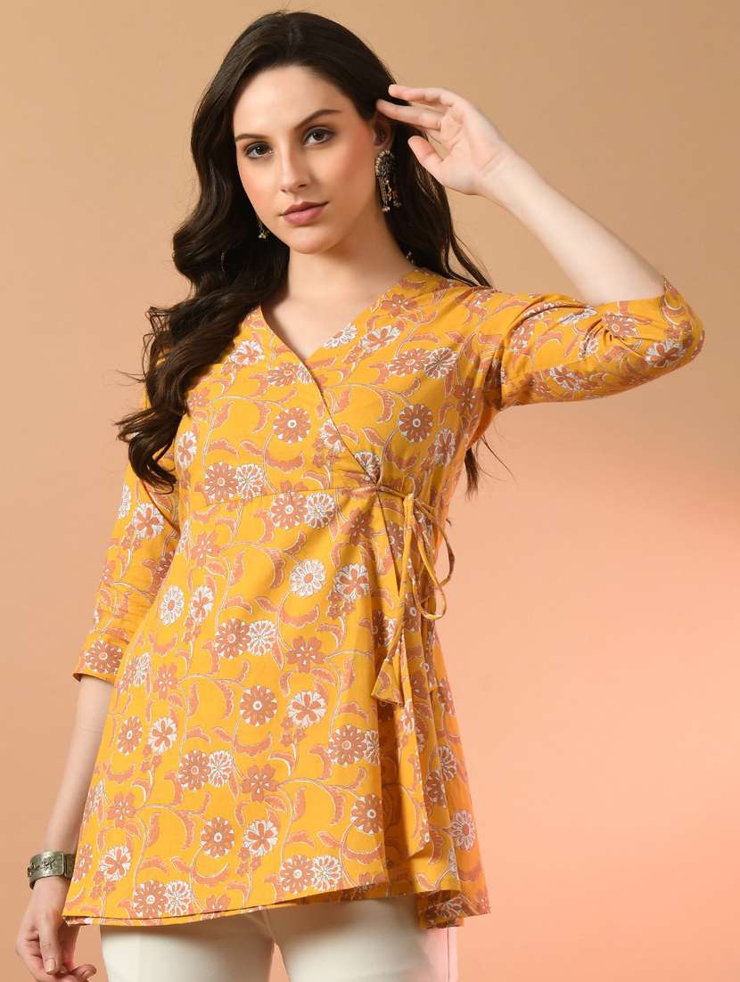 women printed three quarter sleeve angrakha kurti