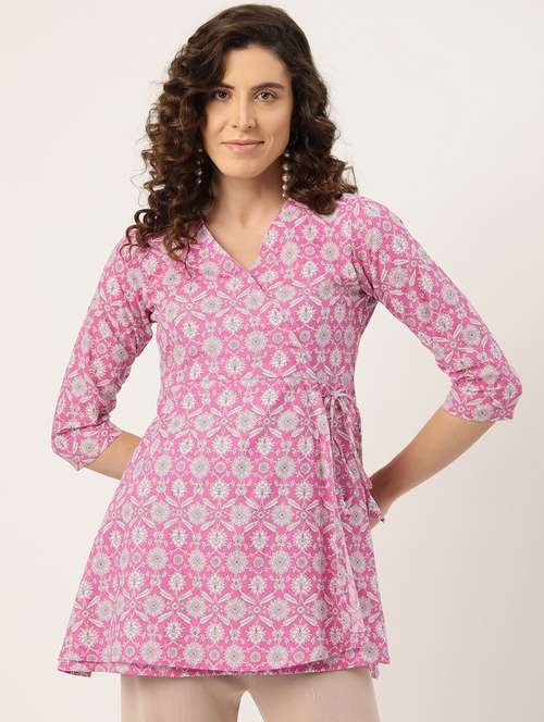 women printed three quarter sleeve angrakha kurti - 21581237 - Standard Image - 0
