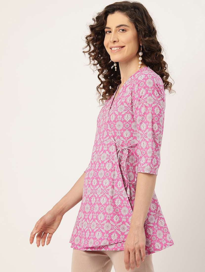 women printed three quarter sleeve angrakha kurti - 21581237 - Standard Image - 1