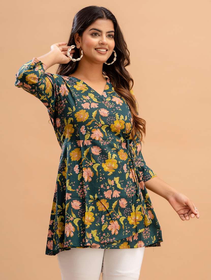 women printed three quarter sleeve angrakha kurti - 21581330 -  Standard Image - 1