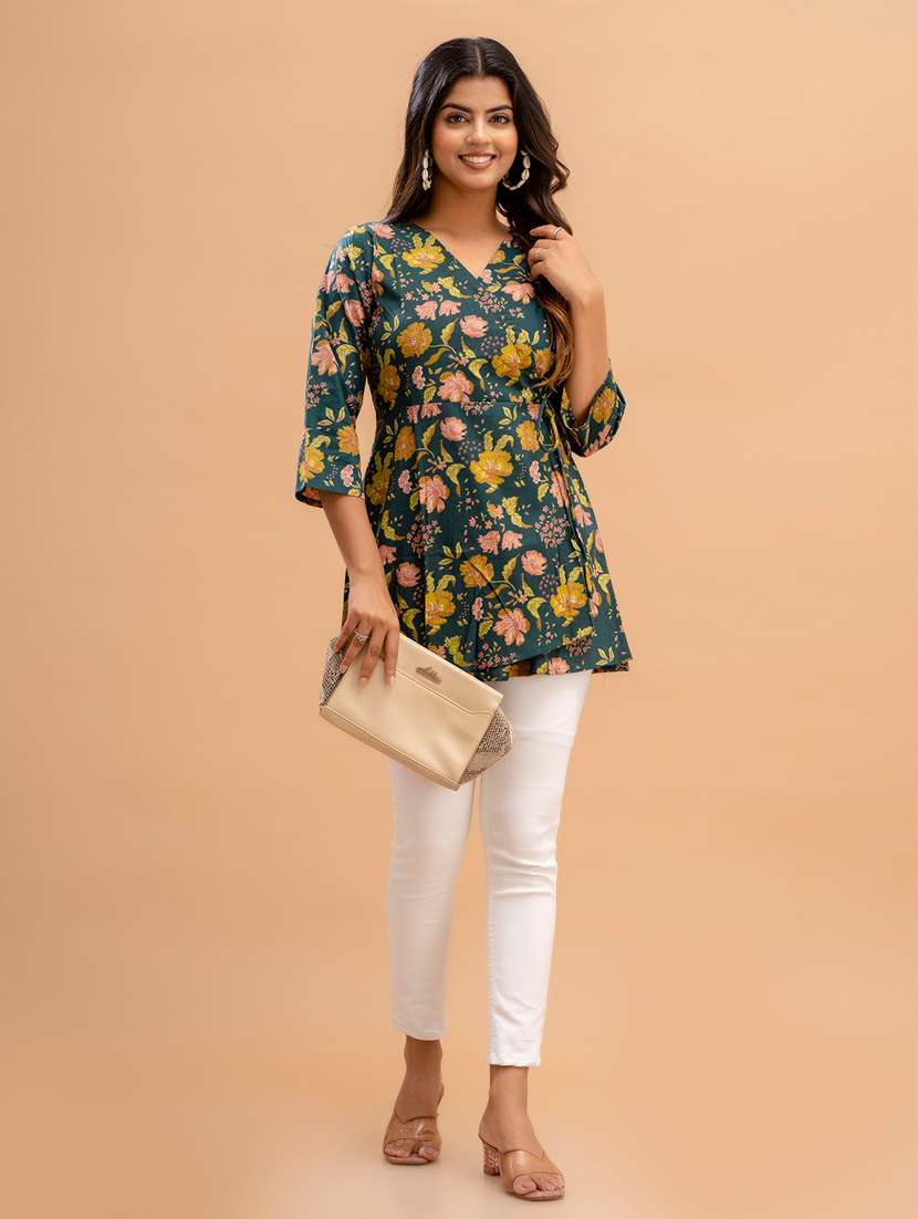 women printed three quarter sleeve angrakha kurti - 21581330 -  Standard Image - 4