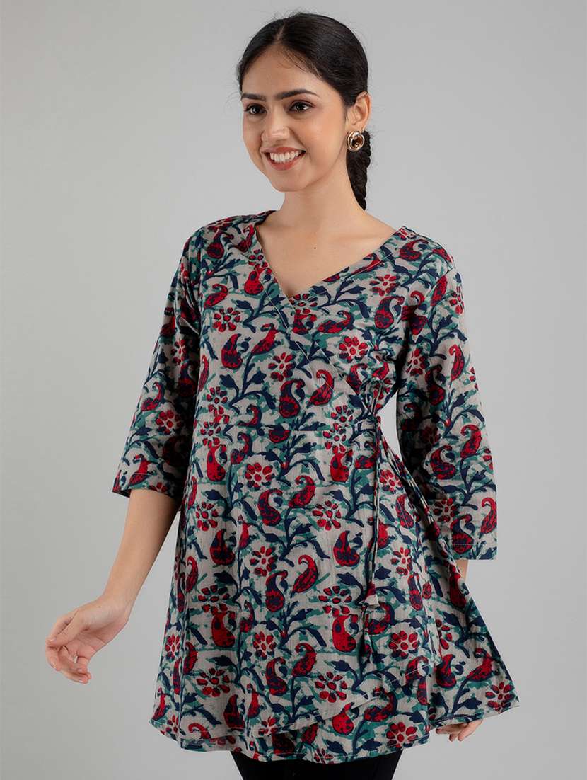 women printed three quarter sleeve angrakha kurti