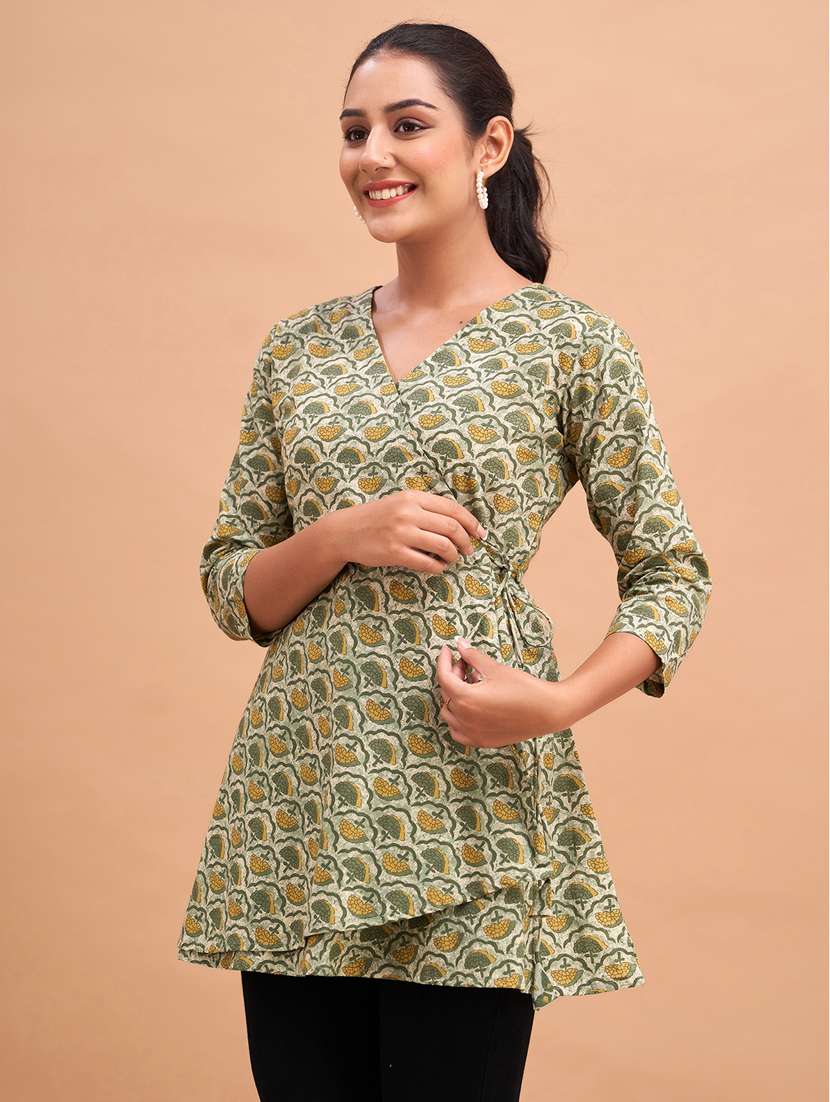 women three quarter sleeve angrakha kurti - 21581336 - Standard Image - 1