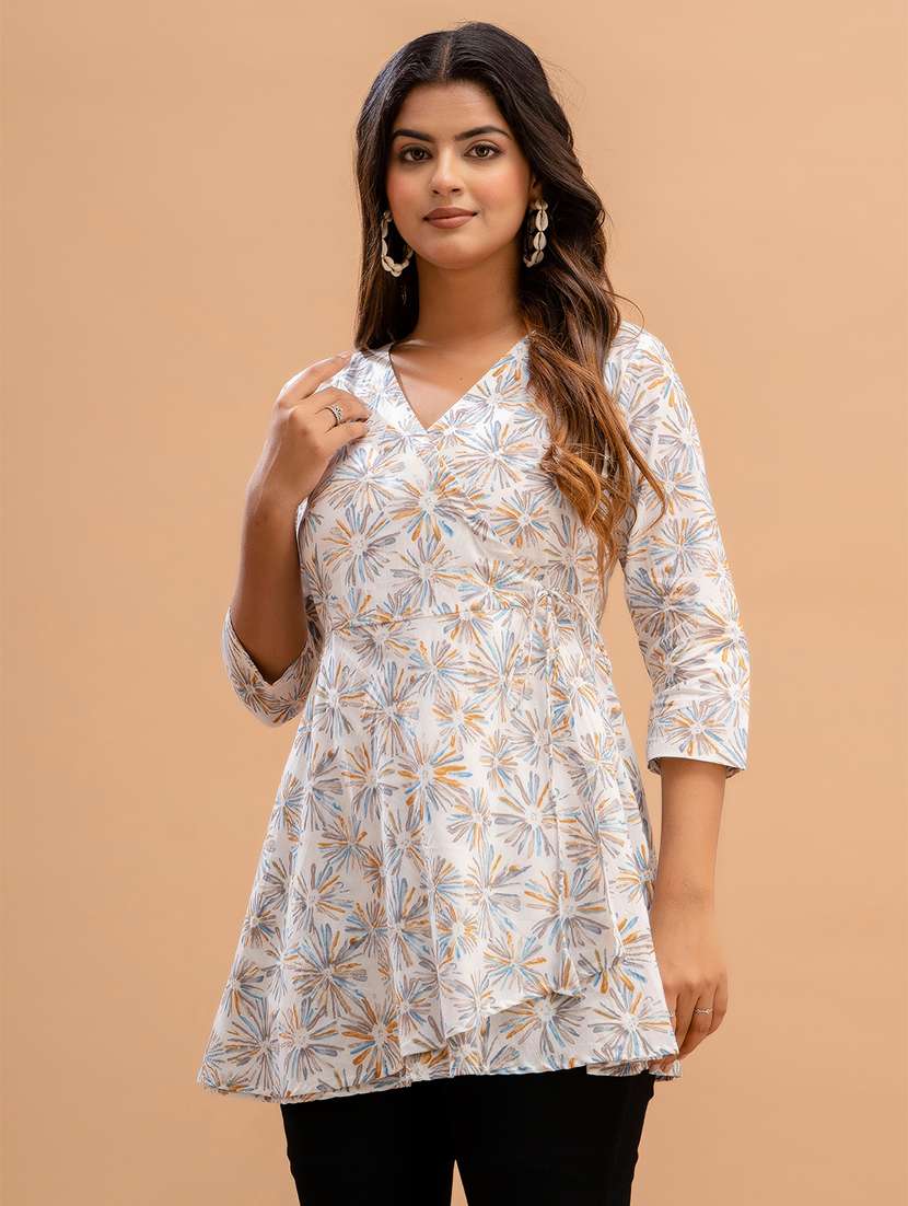 women printed three quarter sleeve angrakha kurti