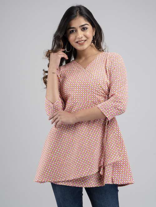 women three quarter sleeve angrakha kurti - 21581387 - Standard Image - 0