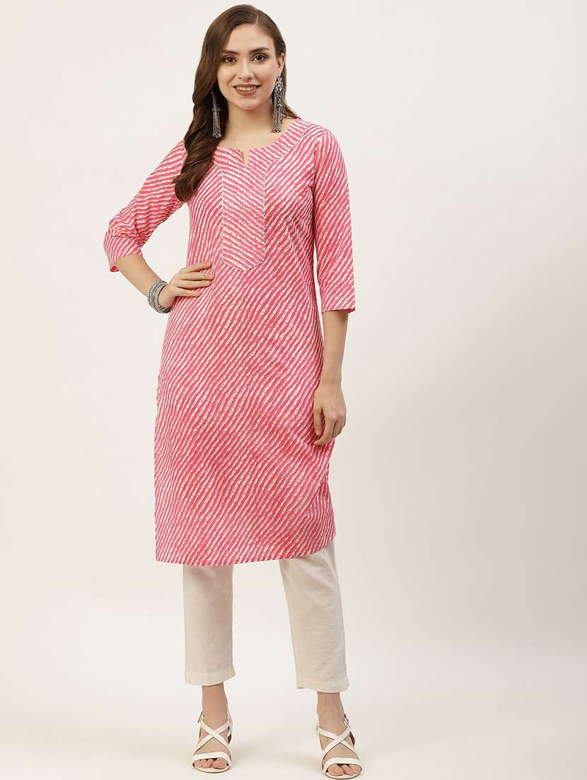 women pink leheriya printed straight kurta