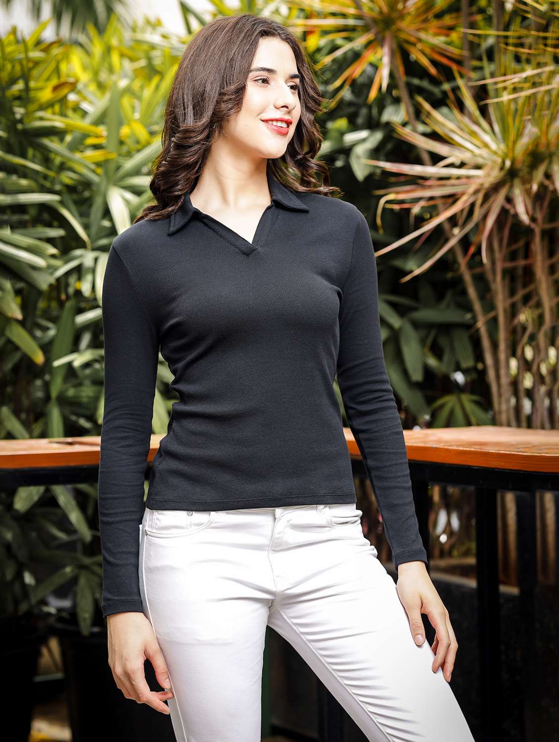 women solid long sleeves regular fit polo t-shirt - 21582186 -  Standard Image - 1