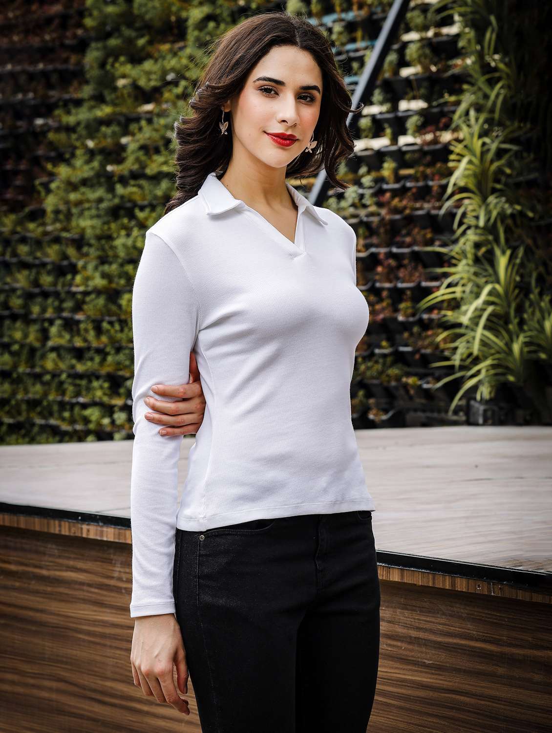 women solid long sleeves regular fit polo t-shirt - 21582187 -  Standard Image - 1