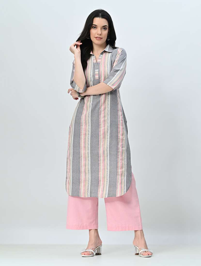 women stripes shirt collar kurta palazzo set