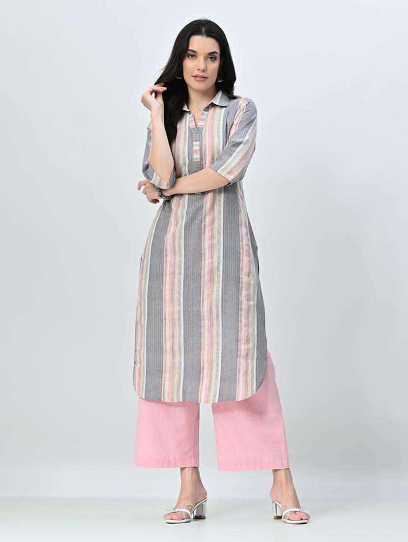women stripes shirt collar kurta palazzo set