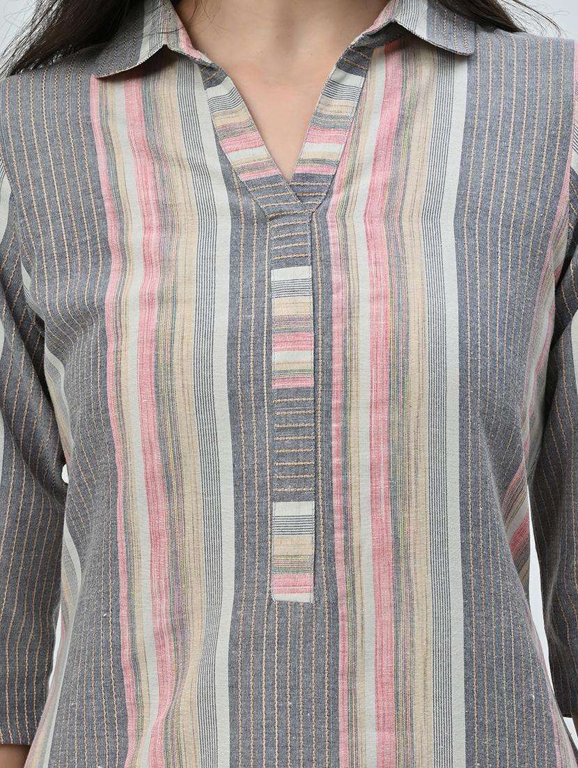 women stripes shirt collar kurta palazzo set - 21582201 -  Standard Image - 1
